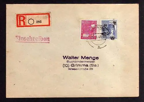 h1247 Brief Handstempel Bezirk 27 Grimma 25.6.48 Einschreiben 80 Pfg. + 40 Pfg.