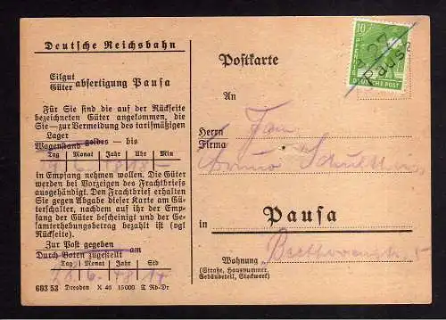 h1251 Postkarte Handstempel Bezirk 27 Pausa 29.6.48 Eilgut Karte Marke Blaustift