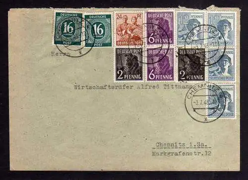 h1289 Brief Handstempel Bezirk 41 Chemnitz 3.7.48 + Zehnfach Zi. 16 aus MH unten