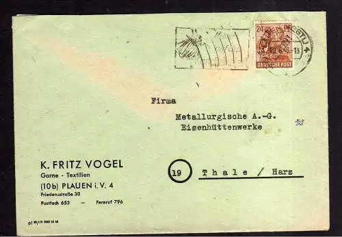 h1298 Brief Handstempel Bezirk 41 Plauen 29.6.48 Garne Textilien K. Fritz Vogel