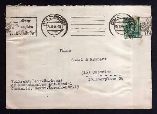 h1286 Brief Handstempel Bezirk 41 Chemnitz 25 26.6.48 Notumschlag Maschinenbau a