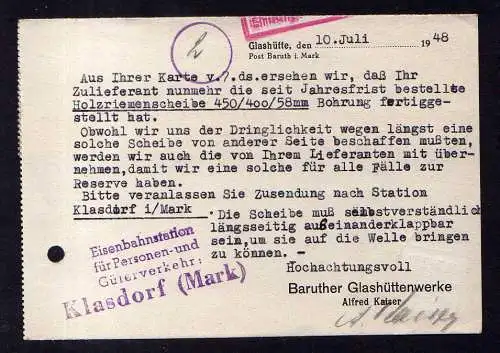 h1669 Handstempel Bezirk 36 Baruth Mark 12.7.48 ohne Nachgebühr Bedarf Baruther