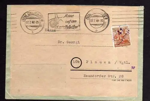 h1981 Handstempel Bezirk 41 Chemnitz (1b violett) 7.7.48 Brief nach Plauen