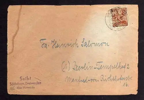 h1350 Brief Handstempel Bezirk 27 Mittweida Dreiwerden 5.7.48