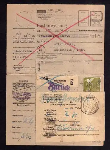 h1972 Handstempel Bezirk 16 Schlotheim 1.7. Nachnahme Paketkarte mit anhängender