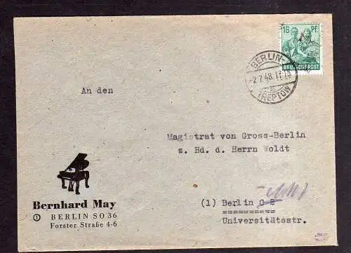 h1946 Handstempel Bezirk 3 Berlin Treptow 2.7.48 gepr. Dr. Kalb BPP Ortsbrief Be