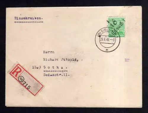 h1622 Handstempel Bezirk 16 Eisenach 84 Pfg. Einschreiben 29.6.48 nach Gotha gep