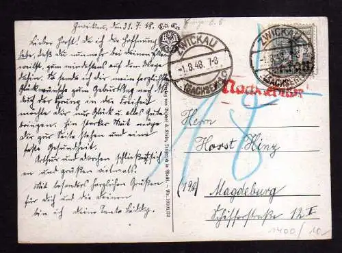 h1400 Handstempel Bezirk 41 Zwickau Postkarte Nachgebühr 1.8.48