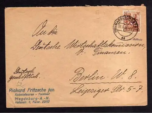 h1658 Handstempel Bezirk 20 Magdeburg abgedeckt BPA 7 30.6.48 Bäckerei an Deutsc