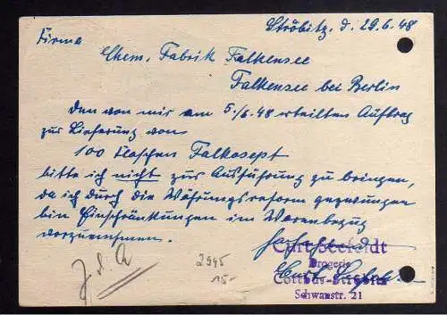 h2945 Handstempel Bezirk 36 Cottbus 12 Pfg. Postkarte gepr. BPP Auftrags Storno