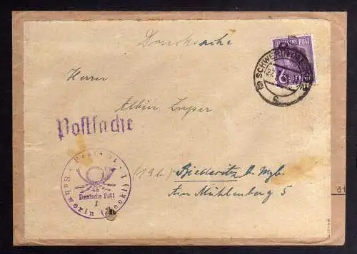 h2872 Handstempel Bezirk 20 Magdeburg abgedeckt Postsache Schwerin Drucksache No