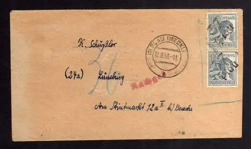 h3000 Handstempel Bezirk 37 Plau Brief portogerecht 12.8.48 aber zu spät Nachgeb