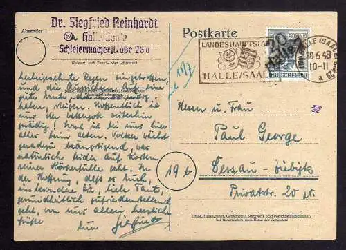 h2252 Währungsreform Bezirk 20 Halle 2 Postkarte Bedarf 30.6.48 nach Dessau Zieb