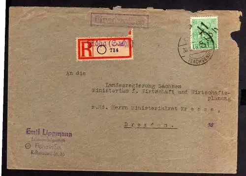 h368 Brief Handstempel Bezirk 41 Flöha 30.6.48 Einschreiben Not R Zettel Kresse