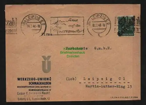 h3992 SBZ Bezirkshandstempel Bezirk 27 Leipzig Ortsbrief 8.7.48 Werkzeug Union