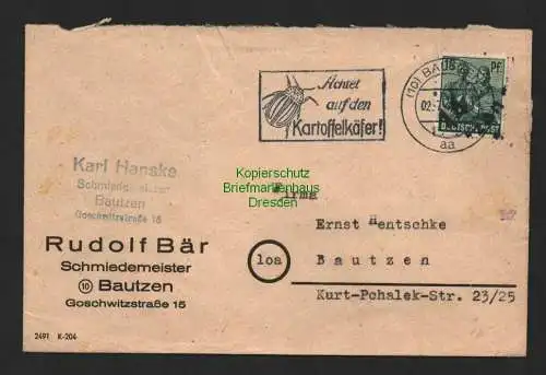 h4060 SBZ Bezirkshandstempel Bezirk 14 Ortsbrief Bautzen 2.7.48 Schmiedemeister