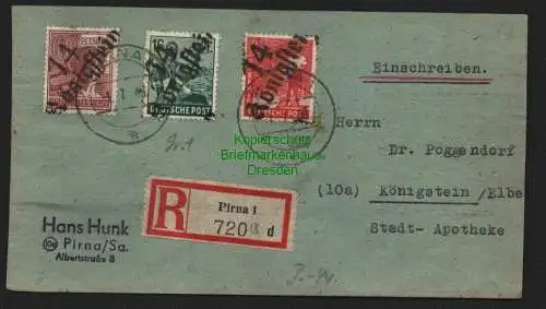 h4198 SBZ Bezirkshandstempel Bezirk 14 R-Brief Königstein Pirna 1.7.48