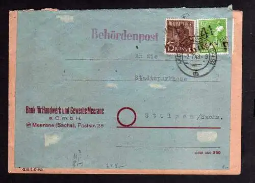 h395 Handstempel Bezirk 41 Meerane 2.7.48 10 und 15 Pfg. Behördenpost Bank für H