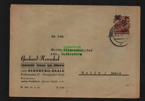 h3946 SBZ Bezirkshandstempel Bezirk 20 Brief Bernburg 30.6. Henschel Süsswaren