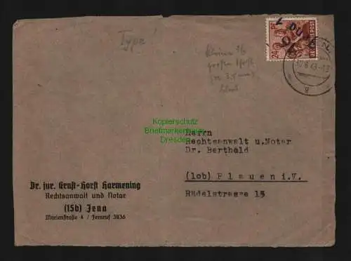 h3920 SBZ Bezirkshandstempel Bezirk 16 Jena 1 violett Briefvorderseite gepr. BPP