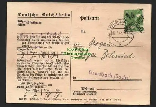 h4098 SBZ Bezirkshandstempel Bezirk 14 Eilgut-Karte Ebersbach 6.7.48 Ortskarte