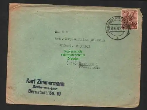 h4072 SBZ Bezirkshandstempel Bezirk 14 Brief Bernstadt Sa. nach Hamburg 28.6.48