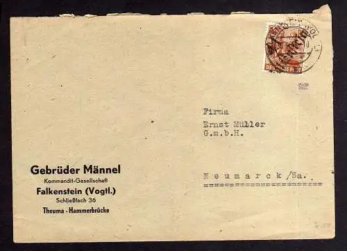 h362 Brief Handstempel Bezirk 41 Falkenstein 30.6.48 Firmenbedarf Gebrüder Männe