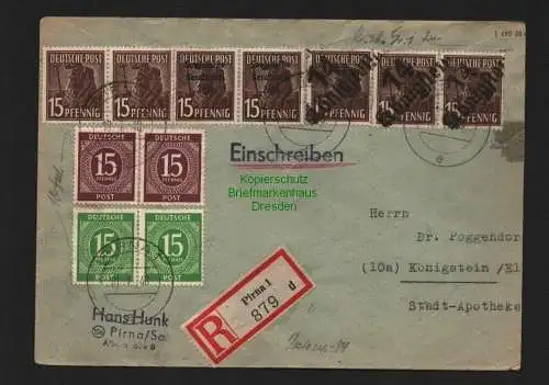 h4204 SBZ Bezirkshandstempel Bezirk 14 R-Brief Königstein Pirna 10.7.48 3x 15 P