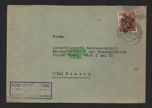 h4091 SBZ Bezirkshandstempel Bezirk 14 Brief Coswig 01.7.48 JURID nach Dessau