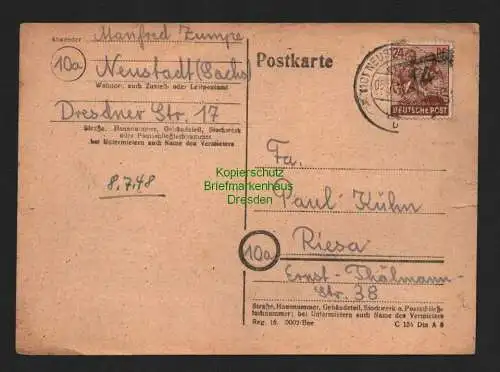 h4272 SBZ Bezirkshandstempel Bezirk 14 Postkarte Neustadt Sachs. 05.7.48 n Riesa