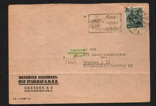 h4615 SBZ Bezirkshandstempel Bezirk 14 Brief Dresden SIK Maschinenkontor DMS