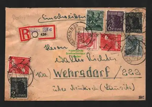 h4643 SBZ Bezirkshandstempel Bezirk 14 R-Brief Dresden N25 8 Werte n. Wehrsdorf