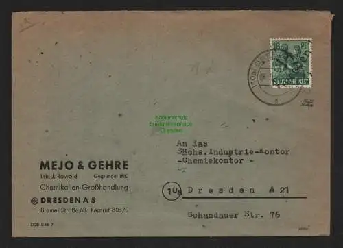 h4421 SBZ Bezirkshandstempel Bezirk 14 Ortsbrief Dresden 1a 6.7. Chemikalien