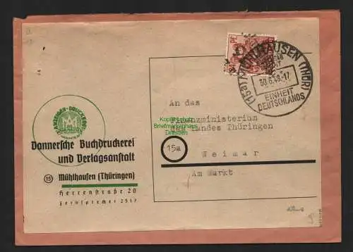 h4697 SBZ Bezirkshandstempel Bezirk 16 Mühlhausen 30.6. Brief Buchdruckerei an