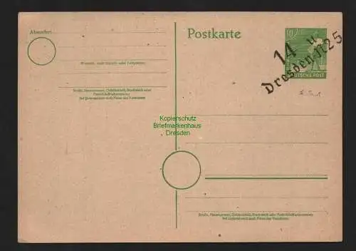 h4631 SBZ Bezirkshandstempel Bezirk 14 GS Ganzsache 10 Pfg Arbeiter Dresden N25u