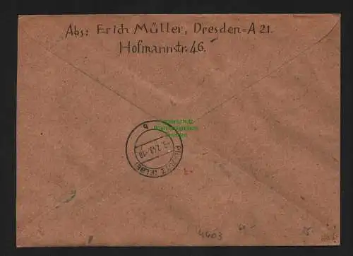 h4603 SBZ Bezirkshandstempel Bezirk 14 R-Brief Dresden A53 Niedersedlitz Pillnit