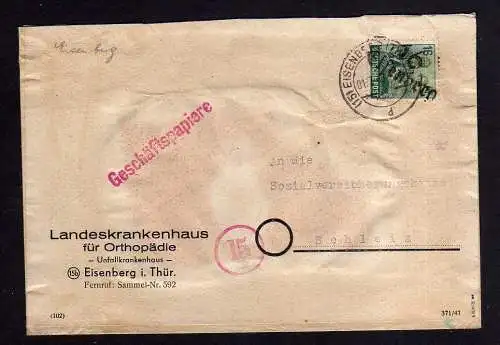 h467 Brief Handstempel Bezirk 16 Eisenberg 1.7.48 Landeskrankenhaus an Sozialver