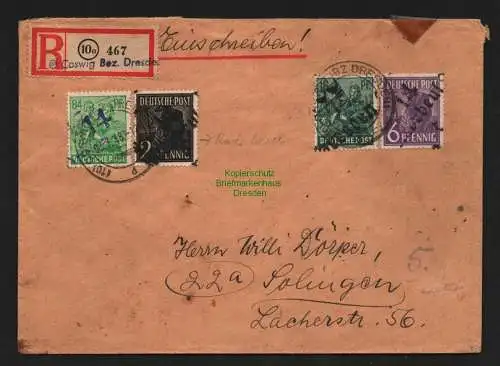 h4588 SBZ Bezirkshandstempel Bezirk 14 R-Brief Coswig 467 181 84 Pfg. Dresden 47