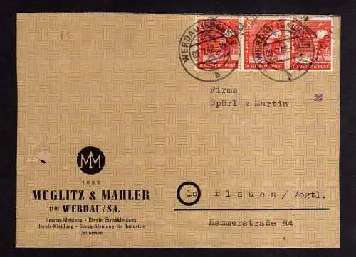 h433 Faltbrief Handstempel Bezirk 41 Werdau 3x 8 Pfg 8.7.48 Herren Kleidung Unif