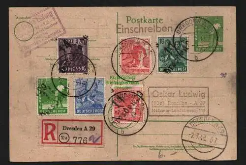 h4568 SBZ Bezirkshandstempel Bezirk 14 R-Postkarte Dresden 29 + Zehnfach gepr.