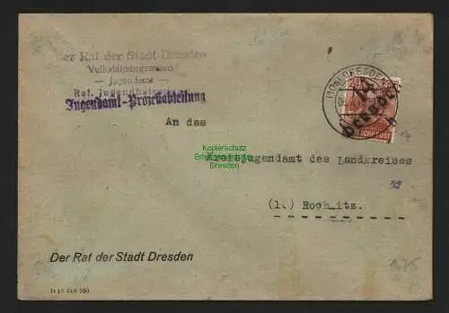 h4428 SBZ Bezirkshandstempel Bezirk 14 Brief Dresden 1b 8.7. Jugendamt Rochlitz