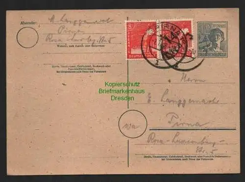 h4312 SBZ Bezirkshandstempel Bezirk 14 Ortskarte Pirna 8 pfg. + zehnfach eingere