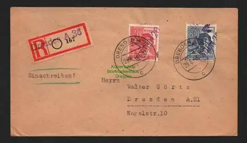 h4483 SBZ Bezirkshandstempel Bezirk 14 R-Brief Dresden 20 violett 30 + 80 Pfg.