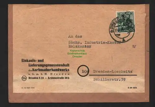 h4495 SBZ Bezirkshandstempel Bezirk 14 Ortsbrief Dresden 16 Pfg. 29.6. Korbmache