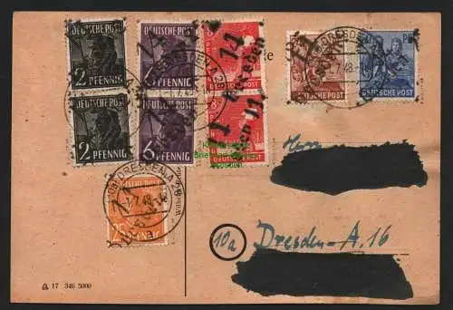 h4452 SBZ Bezirkshandstempel Bezirk 14 Postkarte Dresden 11 23 25 9 Werte m. 175