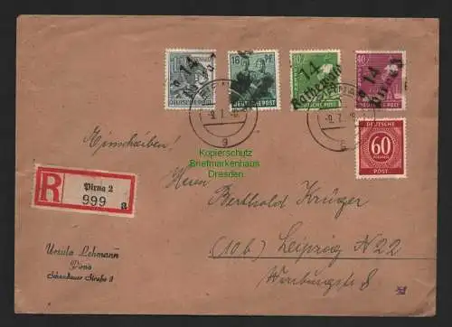 h4354 SBZ Bezirkshandstempel Bezirk 14 R-Brief Pirna nach Leipzig mit Pirna 3, G