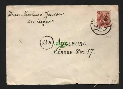 h4642 SBZ Bezirkshandstempel Bezirk 14 Brief Dresden A53e violett 30.6. Augsburg