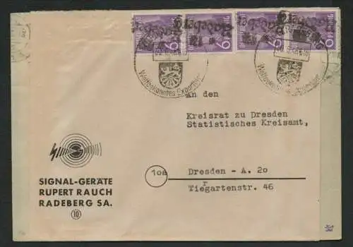 h5294 SBZ Handstempel Bezirk 14 Brief 4x 6 Pfg. Radeberg 30.6. Signal Geräte Rau