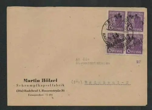 h5296 SBZ Handstempel Bezirk 14 Brief Radebeul 1 4x 6 Pfg. Strumpfkapselfabrik