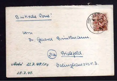 h520 Brief Handstempel Bezirk 16 Jena 24 Pfg. 09.7.48 gepr. BPP nach Bielefeld B